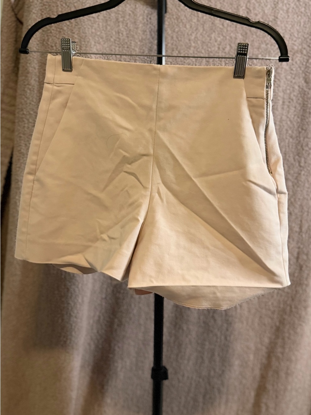 Zara Woman High Rise Tailored Side Zip Shorts Beige US 2 Portugal